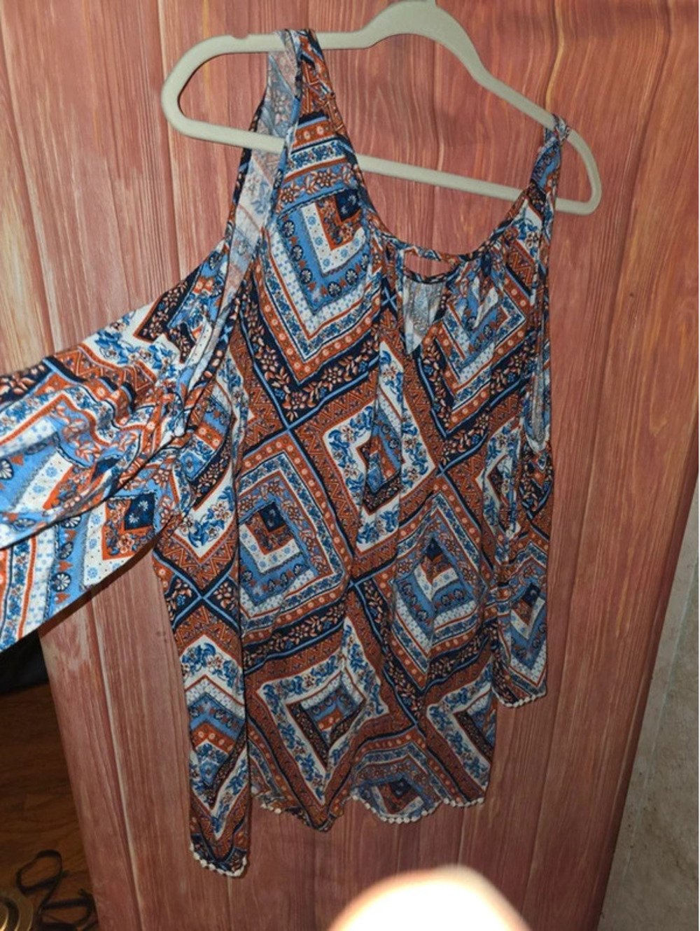 Plus Moda 4X Cold Shoulder Tunic Boho Medallion Geometric Pom Pom Trim Blouse